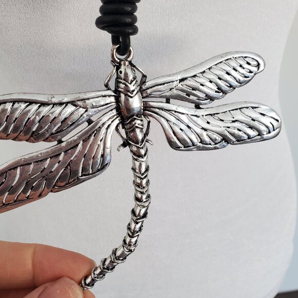 Elegant Large Silver Dragonfly Pendant on Long Leather Cord Necklace Rustic Look - Picture 4 of 12